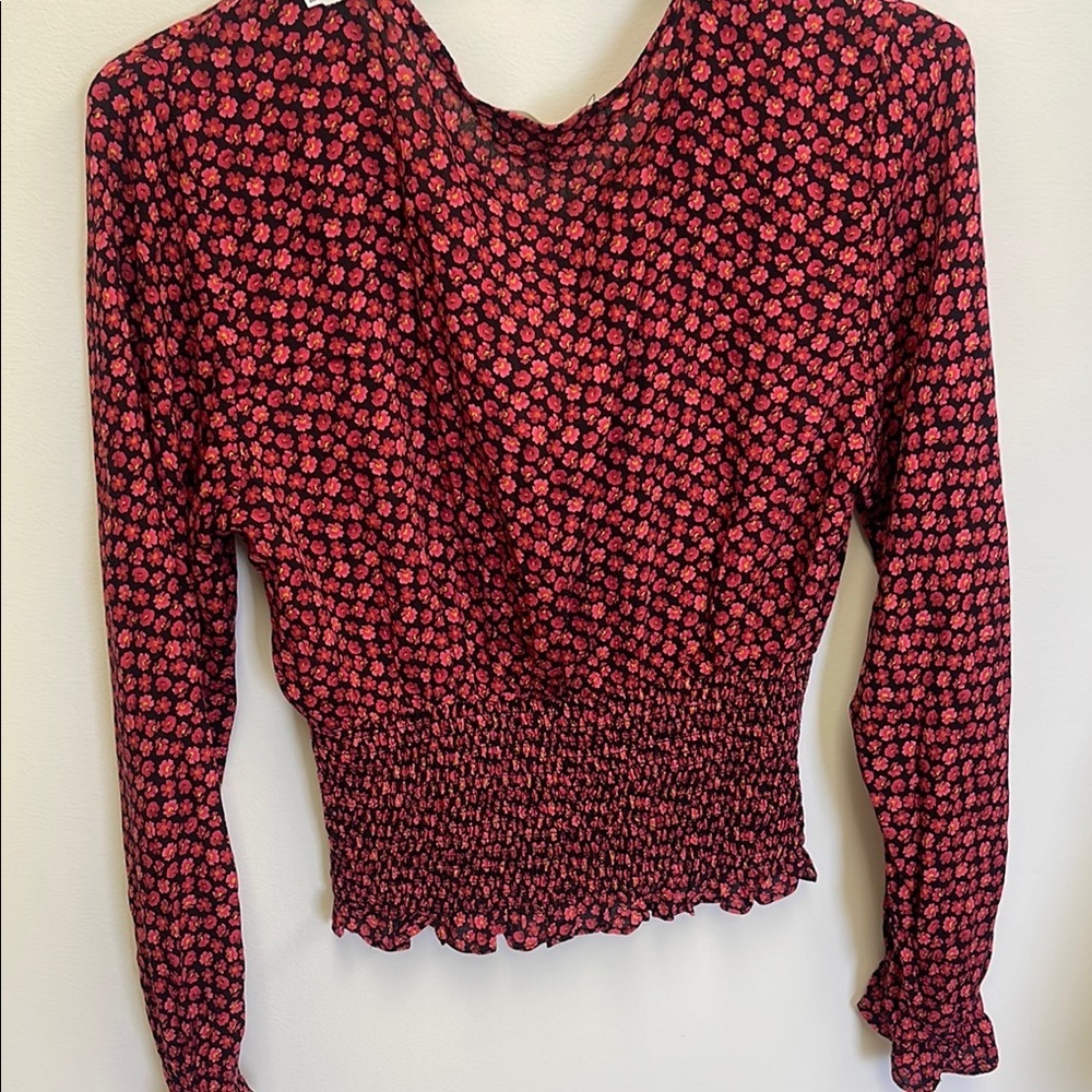 Altar'd State Red and Black Smocked Wrap Blouse - Picture 6 of 7